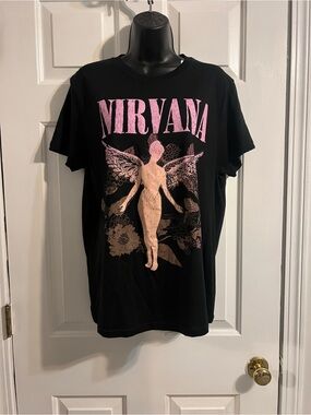 NIRVANA Black Short-Sleeve Tee with Pink Angel Graphic